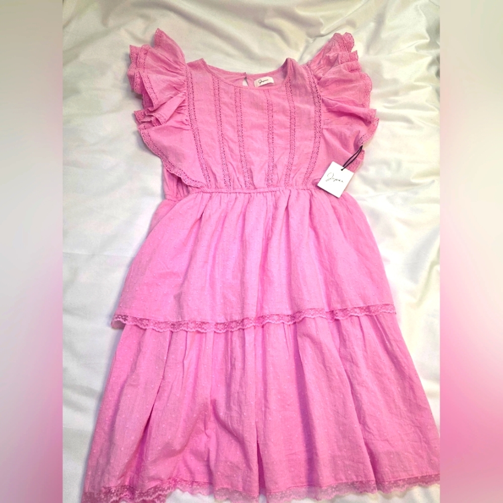 Japna Singh Ruffle Lace Edged Fully Lined 100% Cotton Dress- Size Lg Pink  NWT